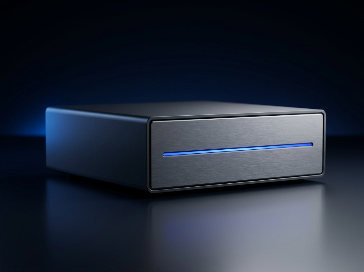LocalAIBox desktop AI appliance with a blue illuminated front panel